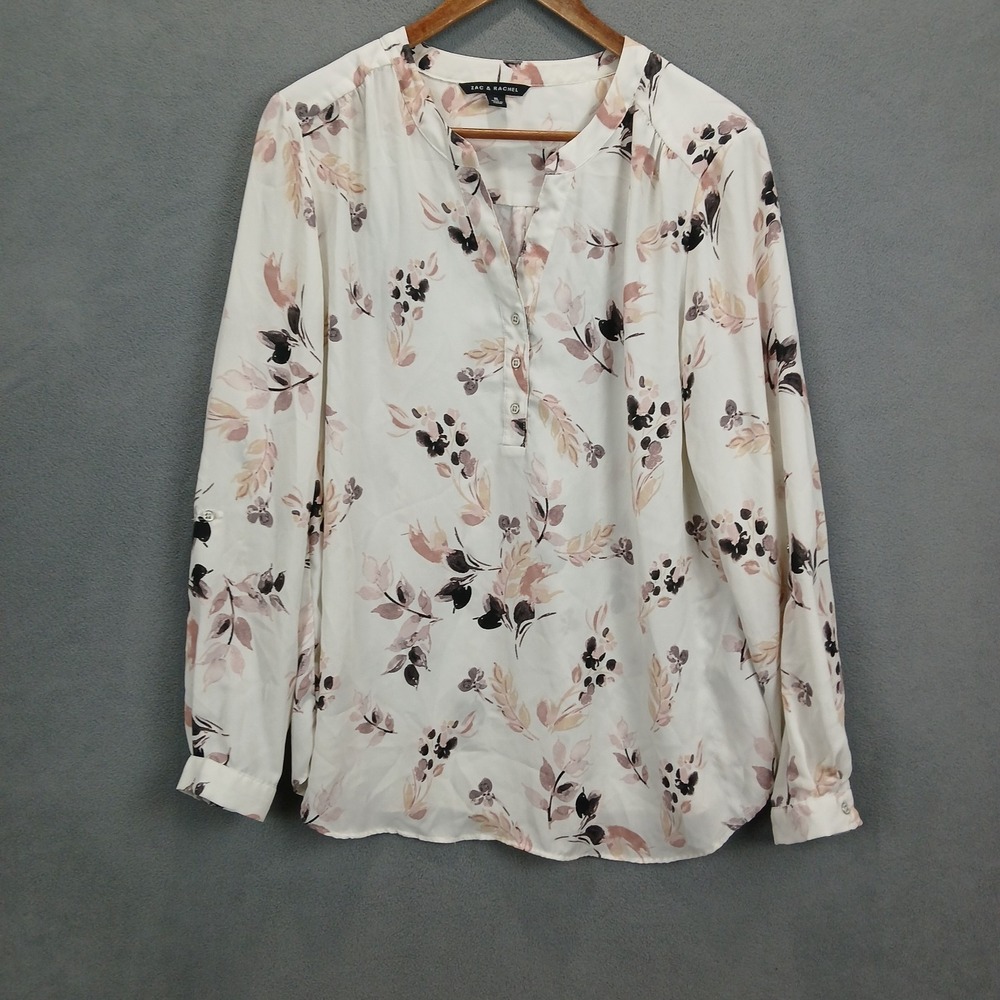 Zac & Rachel Blouse Top Women XL White Floral Split Neck Back Box Modern Comfort